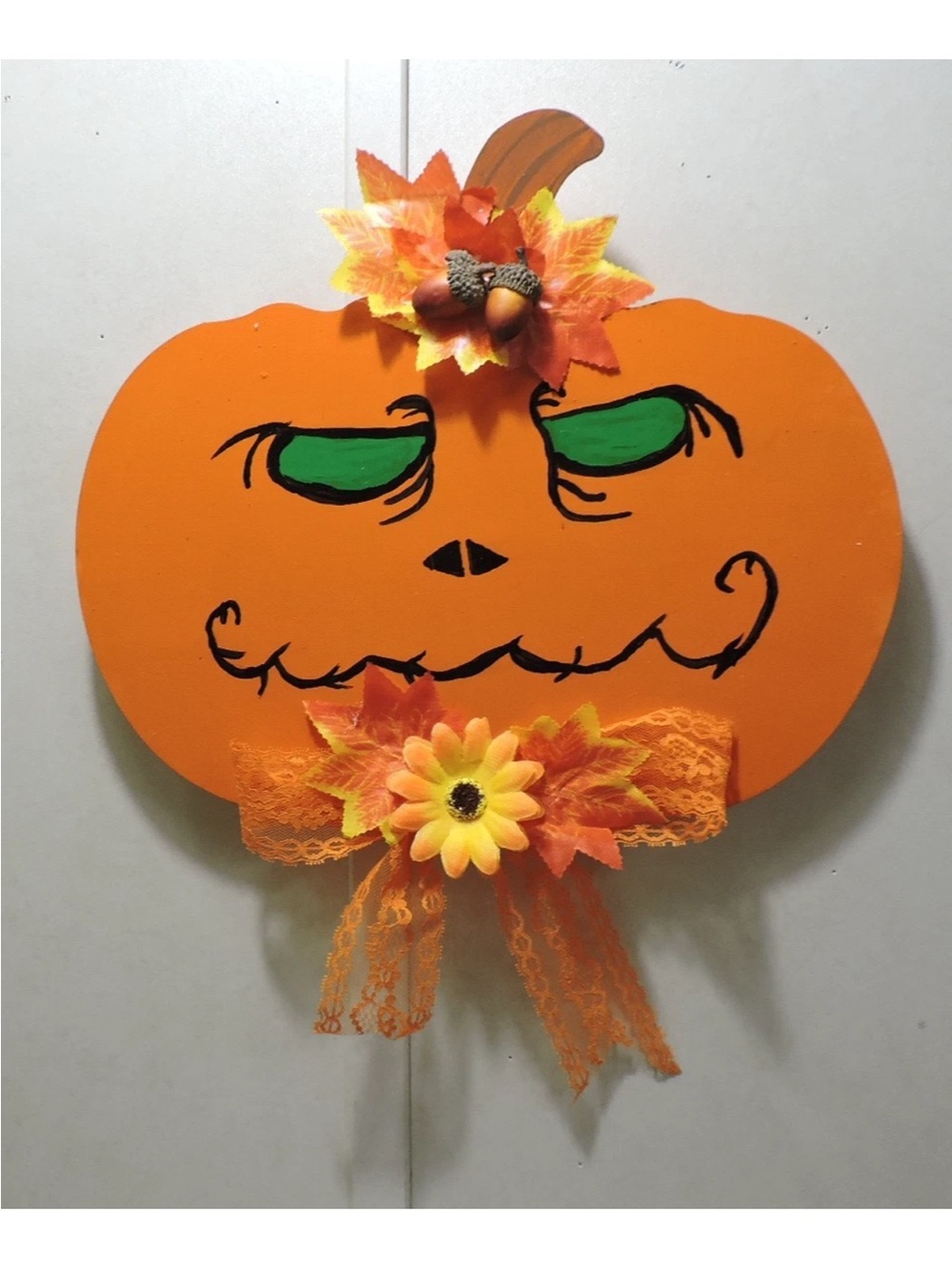 Handmade Orange Pumpkin Wall Decor with Fall Floral Accents